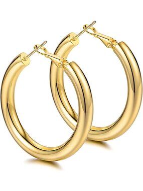 Chunky Gold Hoop Earrings, 925 Sterling Silver, Lightweight Hollow Tube Design